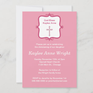 Pink Cross Girl's Baptism Christening Invitation