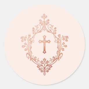 Pink Cross in Crest  Rose Gold Vintage Elegant Classic Round Sticker