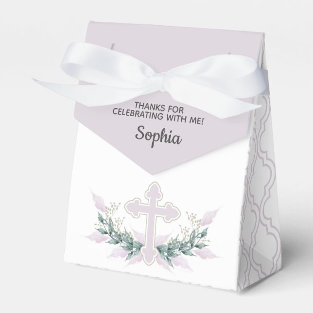 Pink Cross on Quatrefoil Party Favour Box (Front Side)