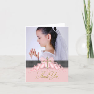 Pink Cross Photo First Communion Thank You Cards