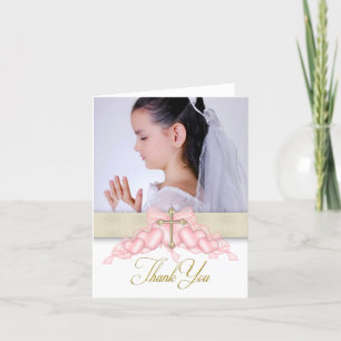 Pink Cross Photo First Communion Thank You Cards