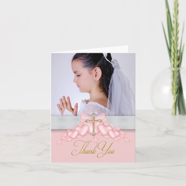 Pink Cross Photo First Communion Thank You Cards (Front)