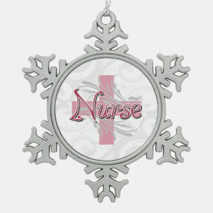 Pink Cross/Swirl Nurse Snowflake Pewter Christmas Ornament