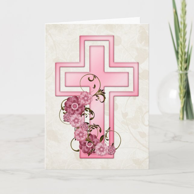 Pink Cross w Flowers 4 Christian Greeting Card (Front)
