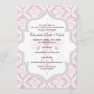 Pink Cross white damask burlap First Communion Invitation