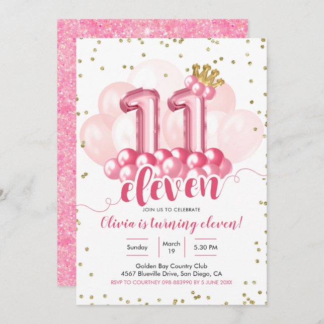 Pink Crown Balloon Eleven Birthday Invitation (Front/Back)
