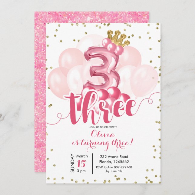 Pink Crown Balloon Third Birthday Invitation (Front/Back)
