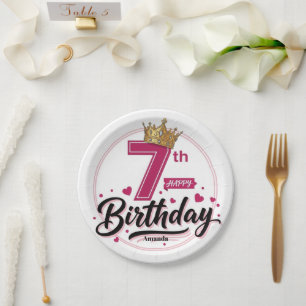 Pink Crown Girl 7th Birthday Party Paper Plate