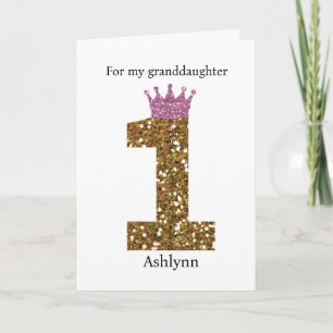 Pink Crown Gold Glitter 1st Birthday Granddaugher Card