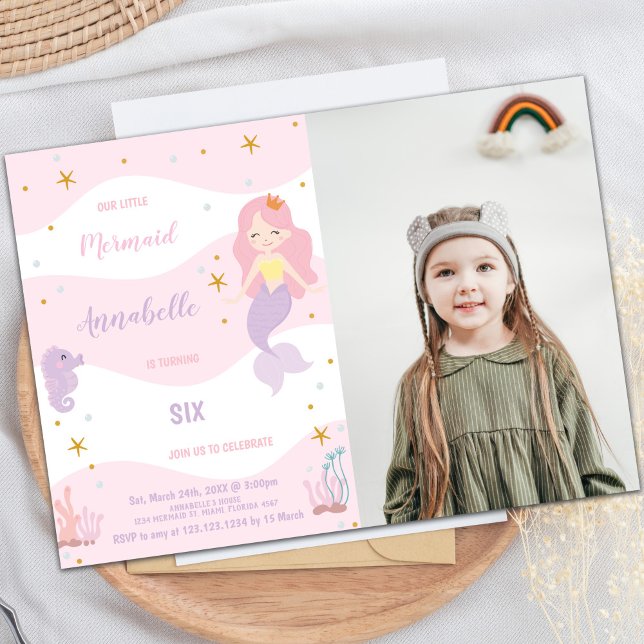 Pink Crown Mermaid Birthday Invitation with Photo (Pink Crown Mermaid Birthday Invitations with photo)