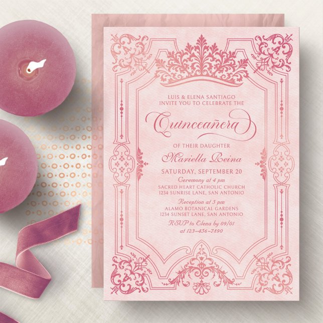 Pink Crown Tiara Elegant Quinceanera Invitation (Creator Uploaded)