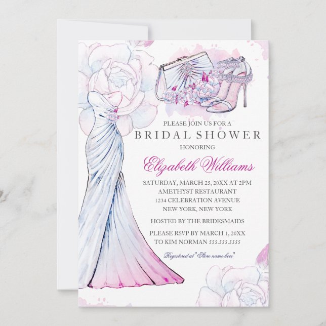 Pink Crystal Floral Wedding Gown Bridal Shower Invitation (Front)