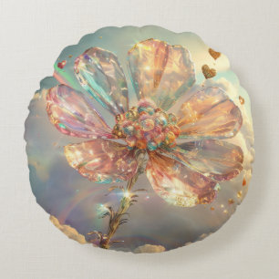 Pink Crystal Flower Digital Art Round Cushion