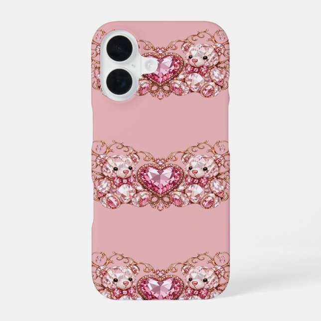 Pink Crystal Teddy Bears with Gem Heart iPhone 16 Case (Back)