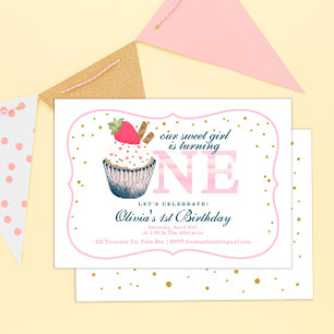 Pink Cupcake 1st Birthday Invitation