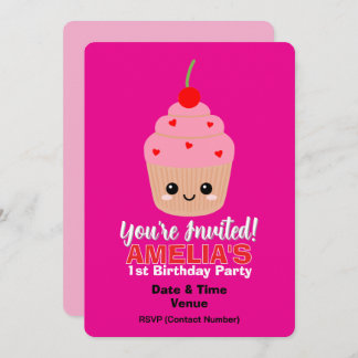 Pink Cupcake 1st Birthday Invitation Card
