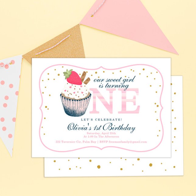 Pink Cupcake 1st Birthday Invitation – Sweet Girl  (Creator Uploaded)