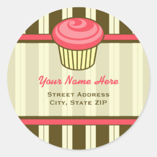 Pink Cupcake Address Label - Brown Stripes