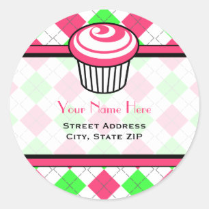 Pink Cupcake Address Label - Pink & Green Argyle