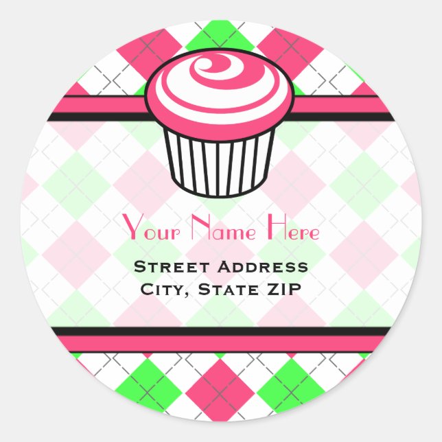 Pink Cupcake Address Label - Pink & Green Argyle (Front)