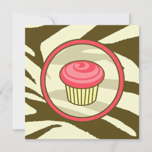 Pink Cupcake B day Invitation - Brown Zebra Print