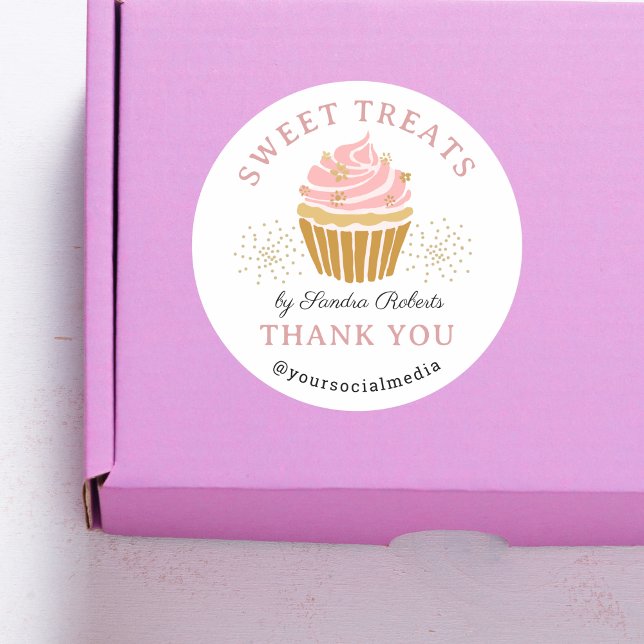 Pink Cupcake Bakery Thank you Classic Round Sticker (Pink Gold Cupcake Bakery Thank you round sticker)