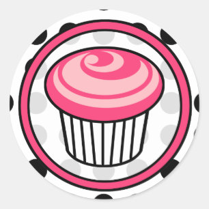 Pink Cupcake Birthday Sticker - Black Polka Dot