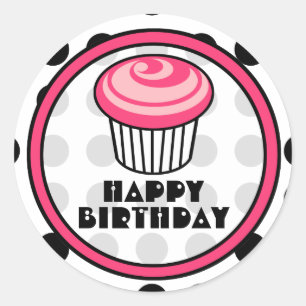 Pink Cupcake Birthday Sticker - Black Polka Dot