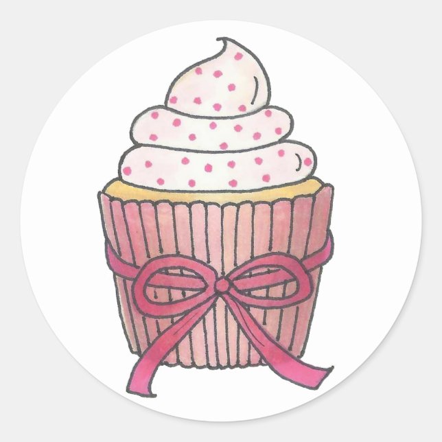 Pink Cupcake Bow Sprinkles Baby Bridal Shower Classic Round Sticker (Front)
