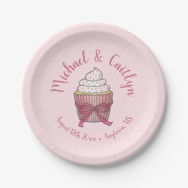 Pink Cupcake Bow Sprinkles Wedding Bridal Shower Paper Plate (Front)