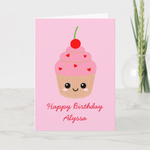 Pink Cupcake Character Happy Birthday Card
