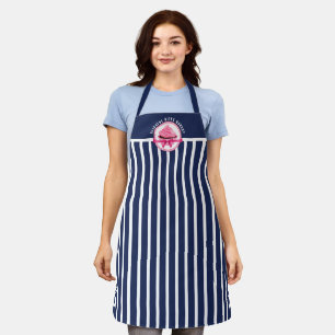 Pink Cupcake Curved Text Navy Blue Stripes Bakery Apron