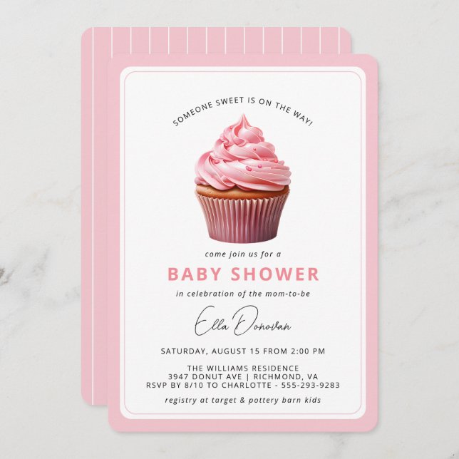 Pink Cupcake Cute Pastel Dessert Girl Baby Shower Invitation (Front/Back)
