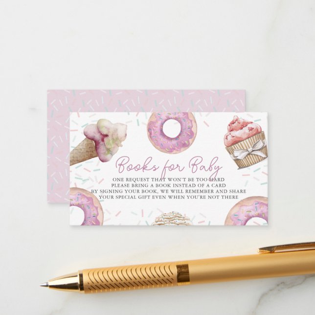 Pink Cupcake & Doughnut Baby Shower Book Request Enclosure Card (Front/Back In Situ)