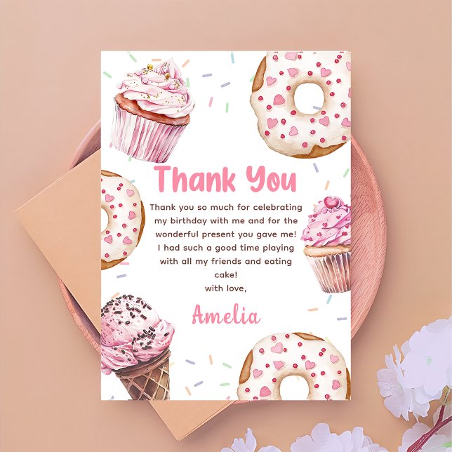 Pink Cupcake & Doughnut Birthday Thank You Card (Creator Uploaded)