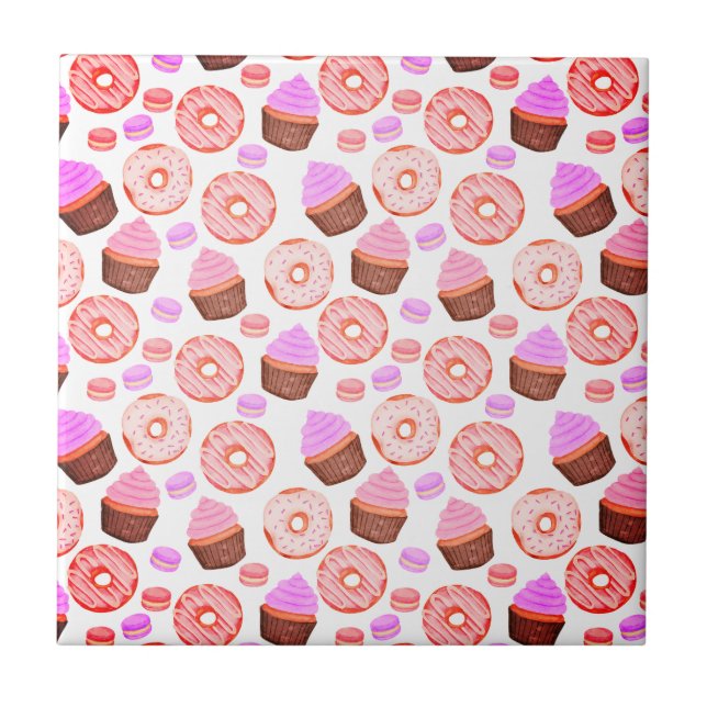 Pink Cupcake Doughnut Macaron Pattern Ceramic Tile (Front)