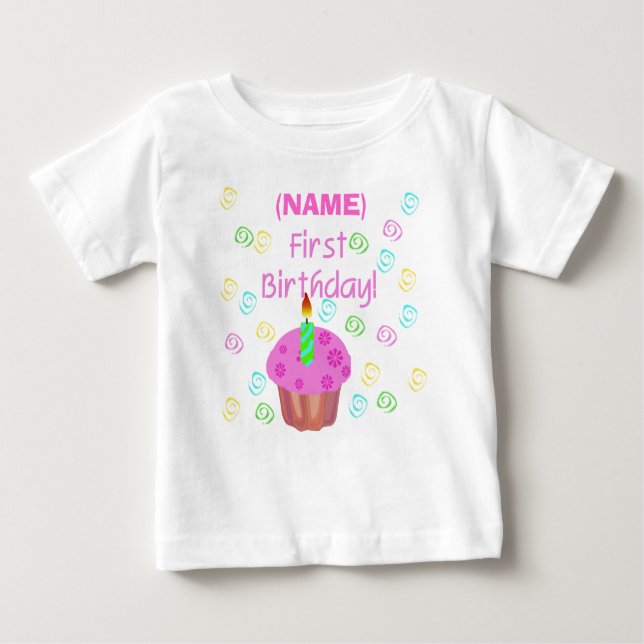 Pink Cupcake First Birthday Customised Baby T-Shirt (Front)