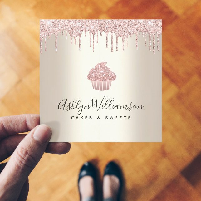 Pink Cupcake Glitter Drips Bakery Pastry Chef Gold Square Business Card (Creator Uploaded)