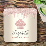 Pink cupcake glitter drips modern girly gold party square paper coaster<br><div class="desc">Relax with your favourite beverage and protect your furniture with these simple, modern, girly, and stylish custom name paper coasters. A glittery, chic, rose gold cupcake, elegant script typography and glitter drips overlay a faux metallic champagne gold ombre background. Personalise with the name and message of your choice. Select from...</div>