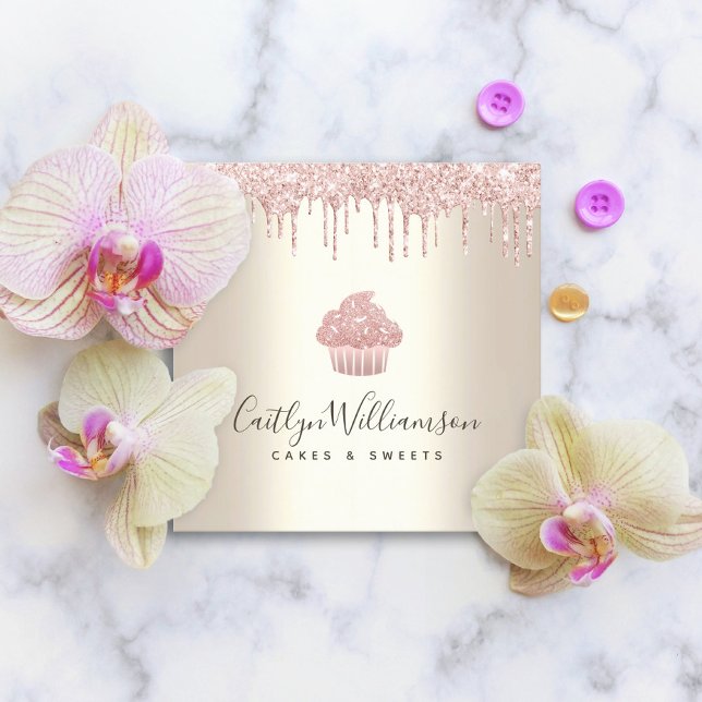 Pink Cupcake Glitter Drips Pastry Chef Bakery Gold Square Business Card (Creator Uploaded)