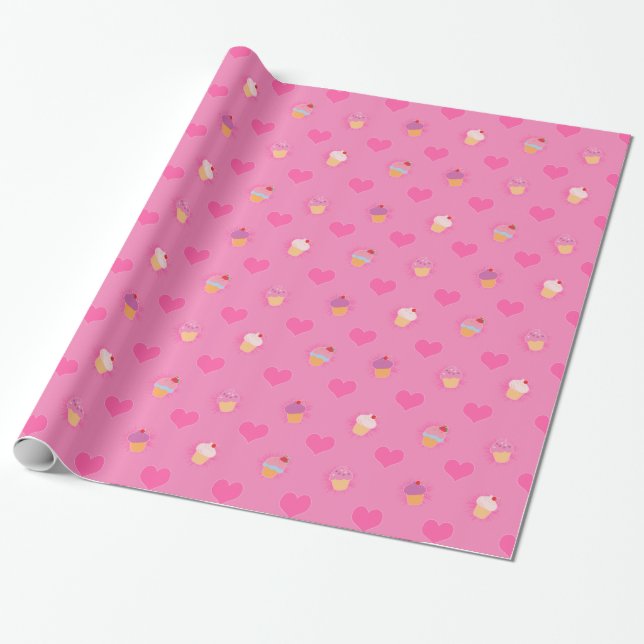 Pink Cupcake Pattern Wrapping Paper (Unrolled)
