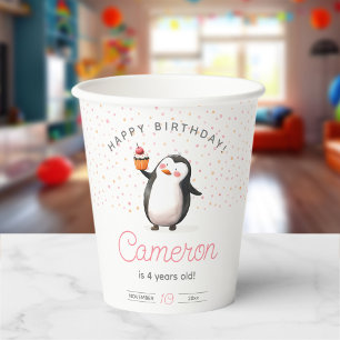 Pink cupcake penguin celebration girl's birthday paper cups