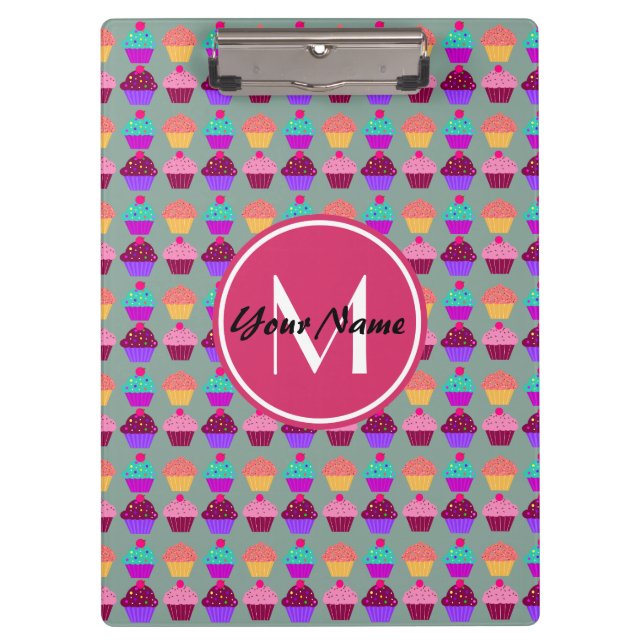 Pink Cupcake Personalised Name, Custom Monogram Clipboard (Front)