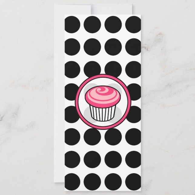Pink Cupcake Skinny Invitation-Black Polka Dots Invitation (Front)