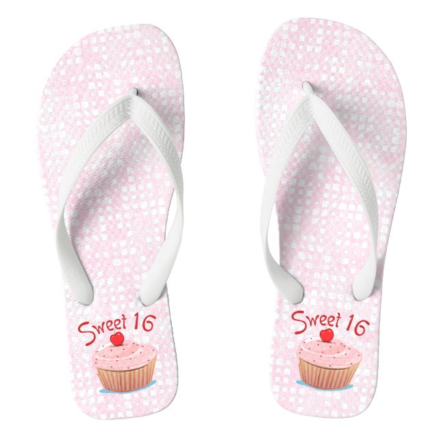 Pink Cupcake Sweet 16 16th Birthday Thongs (Footbed)