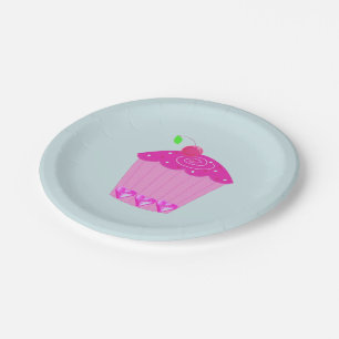 Pink Cupcake with a Cherry on Top Paper Plate