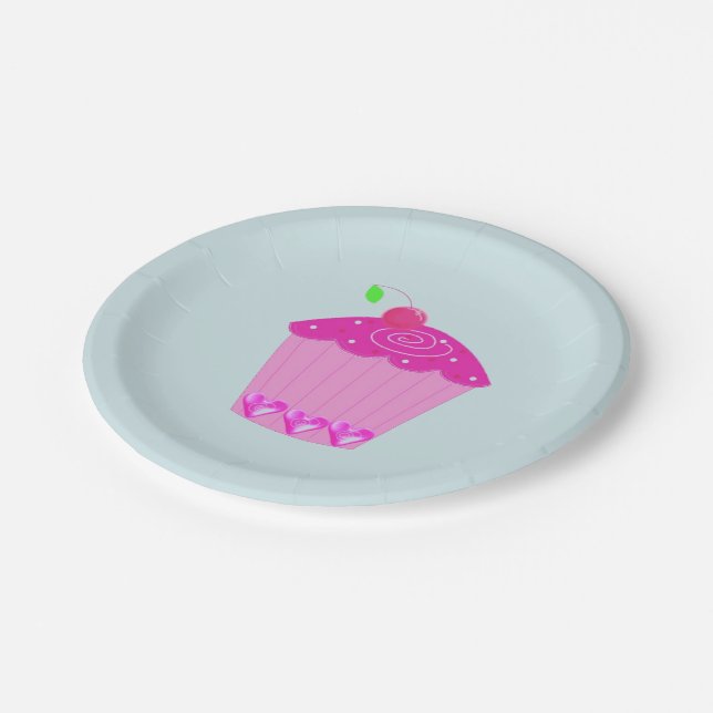 Pink Cupcake with a Cherry on Top Paper Plate (Angled)