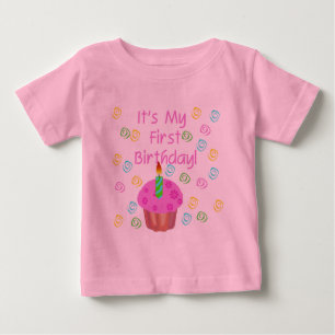 Pink Cupcake With Candle First Birthday Baby T-Shirt