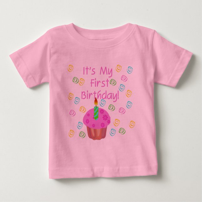 Pink Cupcake With Candle First Birthday Baby T-Shirt (Front)
