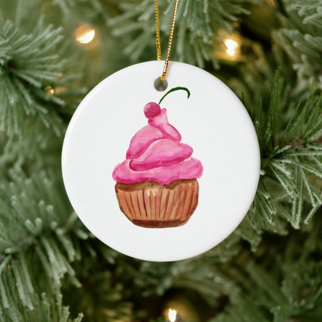 Pink Cupcake with Cherry Ceramic Ornament (Tree)